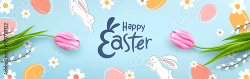 Easter banner template with white bunny and Easter eggs in pastel colors.Greetings and presents for Easter Day in Modern minimal style.Promotion and shopping template