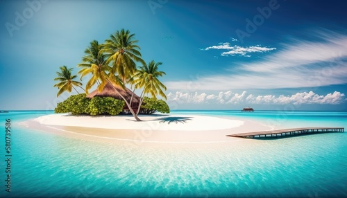 Bungalow on an amazing tropical island with coconut palm trees, white sand beach and chrystal clear ocean. Generative AI