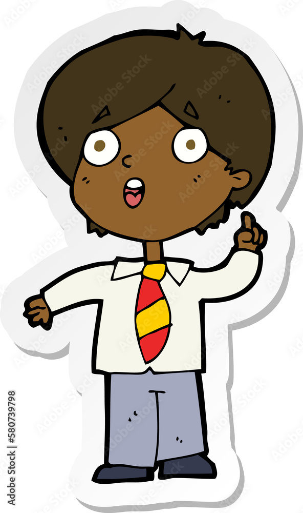 sticker of a cartoon schoolboy answering question sticker of a cartoon schoolboy answering question