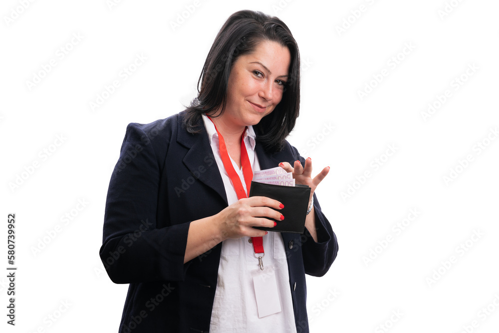 Happy businesswoman presenting cash money inside wallet Happy businesswoman presenting cash money inside wallet