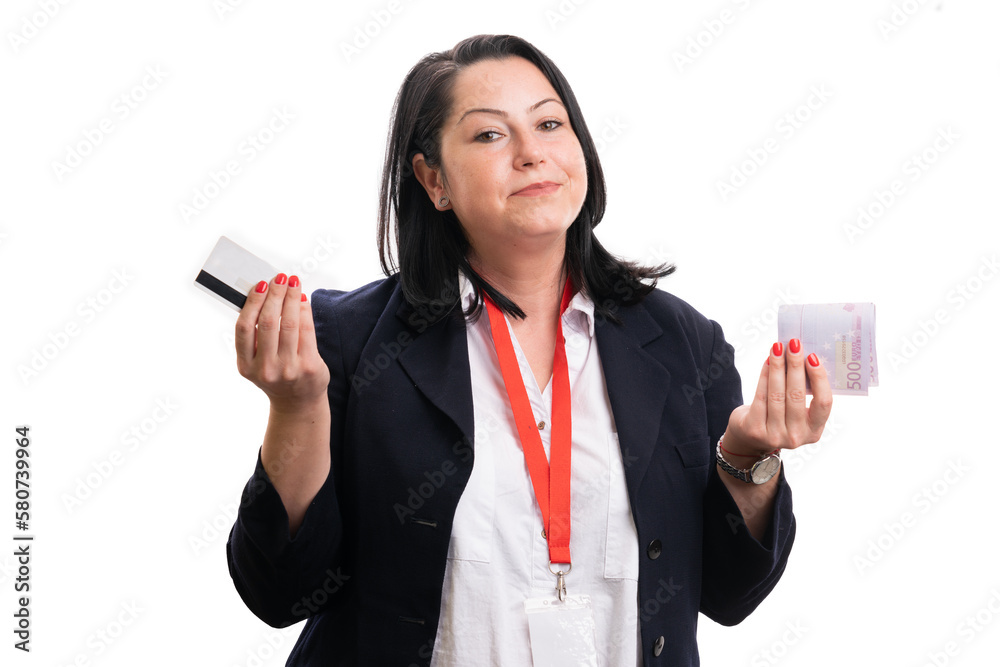 Businesswoman presenting credit or debit card and cash money Businesswoman presenting credit or debit card and cash money