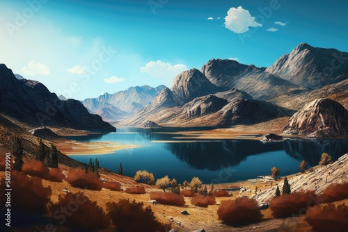 Scenic landscape with lake and mountains, created using generative ai technology