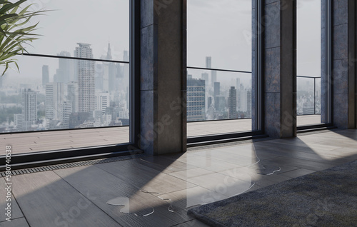 Water leaking and flooded on wood parquet floor. Room floor will damage after the water flooded. 3d illustration and rendering.