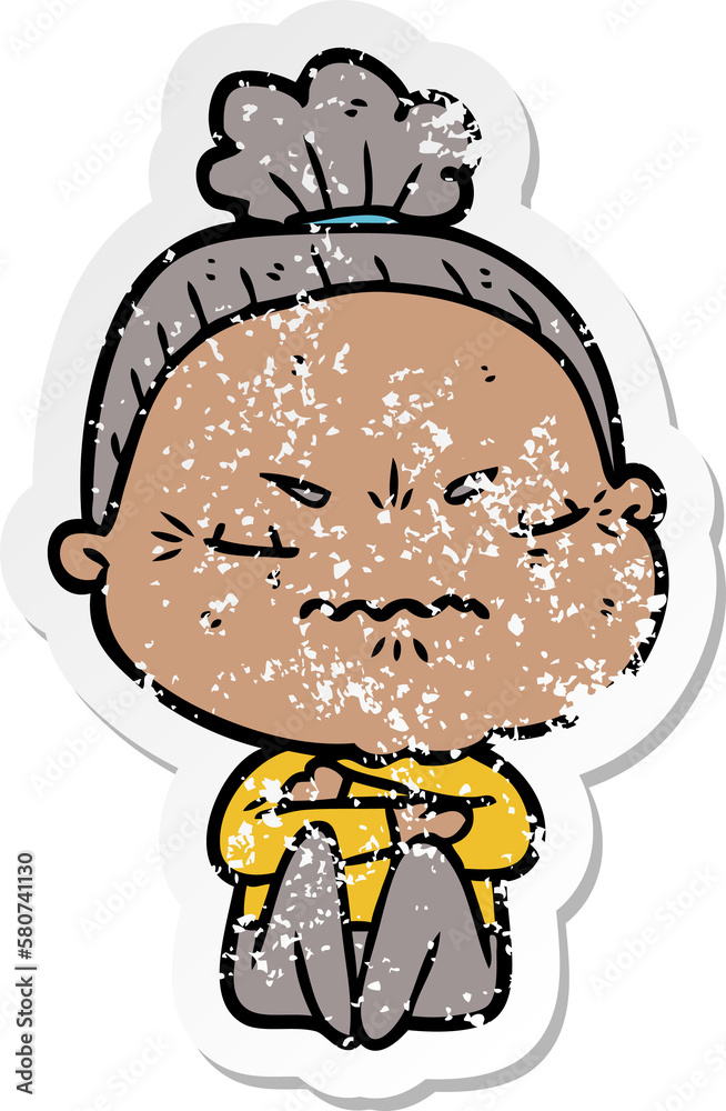 distressed sticker of a cartoon annoyed old lady distressed sticker of a cartoon annoyed old lady