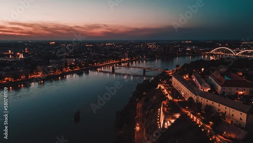 beautiful aerial drone footage view on Petrovaradin fortress over Danube river, Novi Sad, Serbia