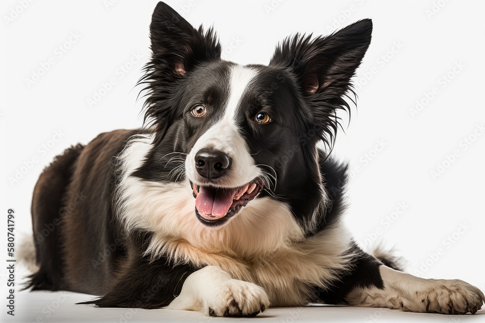 A young border collie dog is lying down and smiling. The background is white. Studio portrait. Generative AI