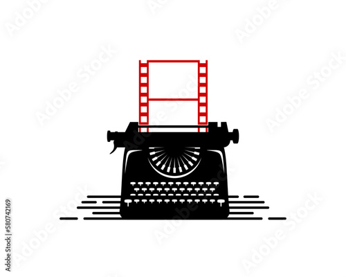 Vintage typewriter machine with reel video inside logo