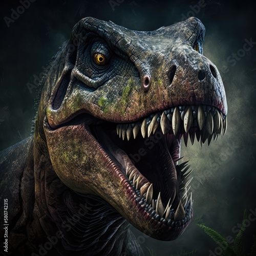 Tyrannosaurus rex roaring over mist and leaves  created using generative ai technology