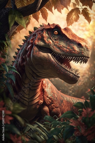 Tyrannosaurus rex roaring over plants and forest with leaves  created using generative ai technology