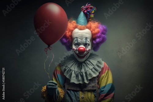 Close up of scary smiling clown with red balloon, created using generative ai technology