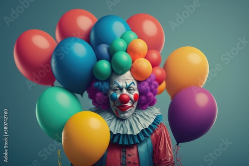 Scary clown with balloons, created using generative ai technology