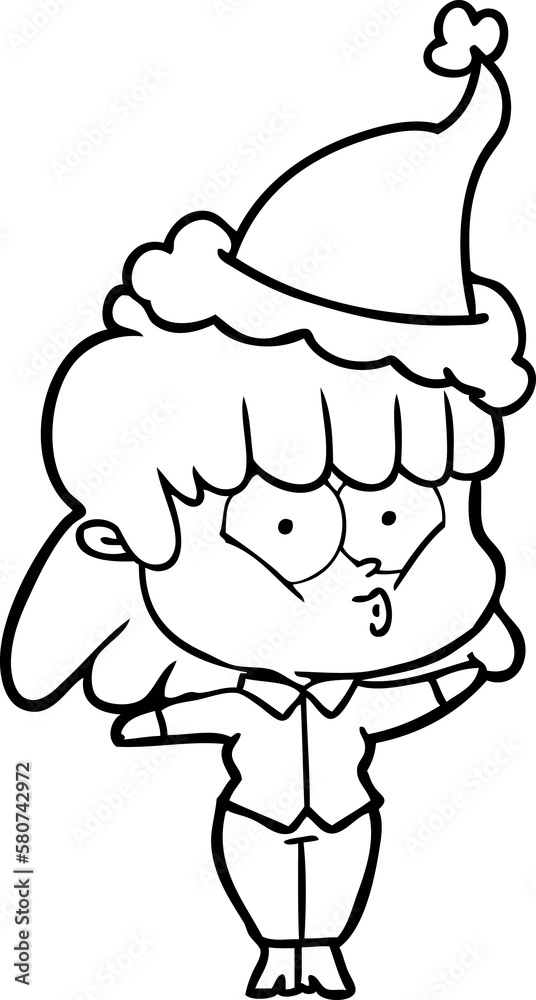 line drawing of a whistling girl wearing santa hat