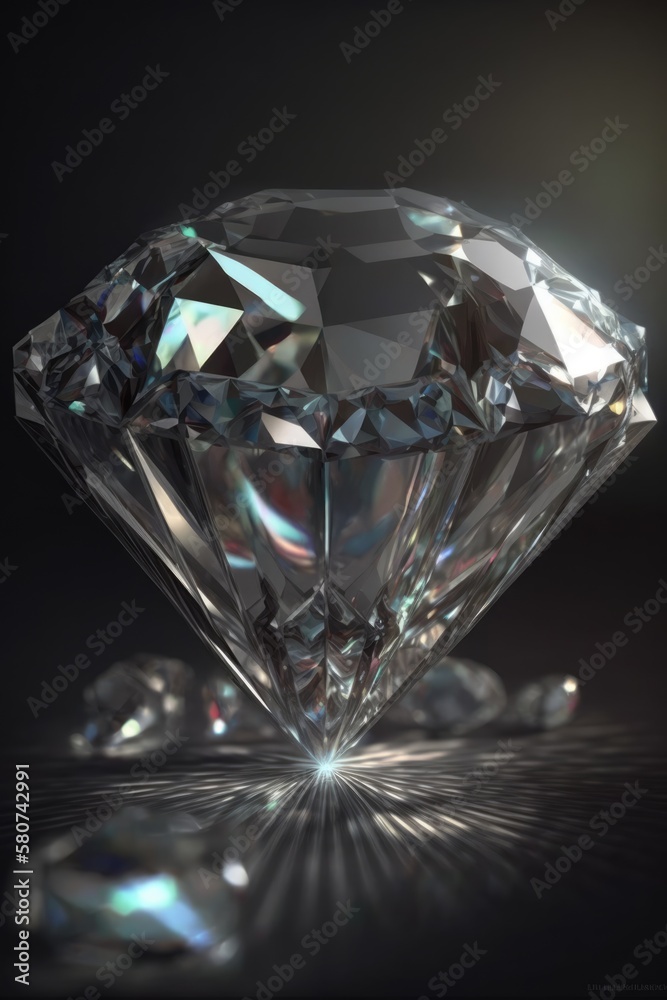 Close up of cut diamond with reflection on black background, created using generative ai technology Close up of cut diamond with reflection on black background, created using generative ai technology
