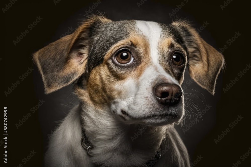 A cute studio picture of a dog from a shelter on a plain background. Generative AI