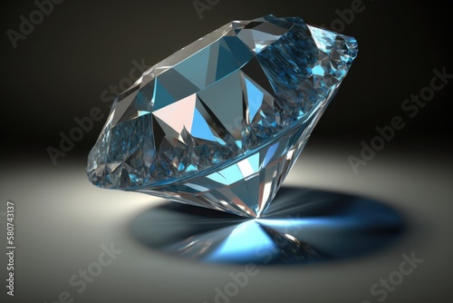 Close up of cut diamond with reflection on grey background  created using generative ai technology