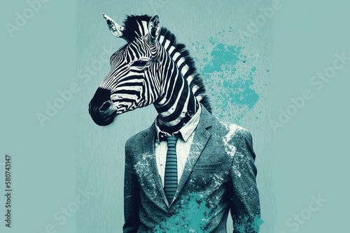 Collage is a form of modern art. The head of a laughing zebra on a human body in a business shirt is funny. Clip art  blank spots. Generative AI