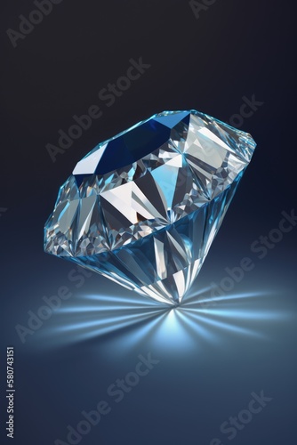 Close up of cut diamond with reflection on blue background  created using generative ai technology
