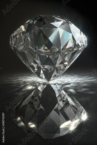 Close up of cut diamond with reflection on black background  created using generative ai technology