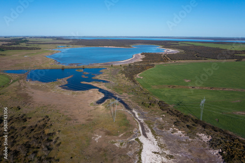 Calden forest and lagoon landscape  Prosopis Caldenia plants  La Pampa province  Patagonia  Argentina.