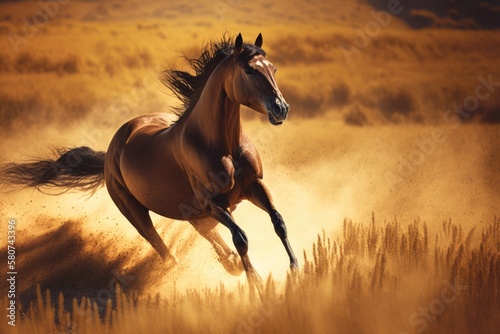 Brown horse running in field, created using generative ai technology