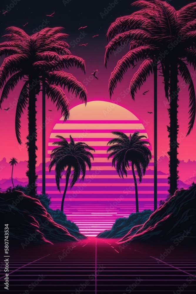 Pink and purple landscape with sun, palm trees and mountains, created using generative ai technology