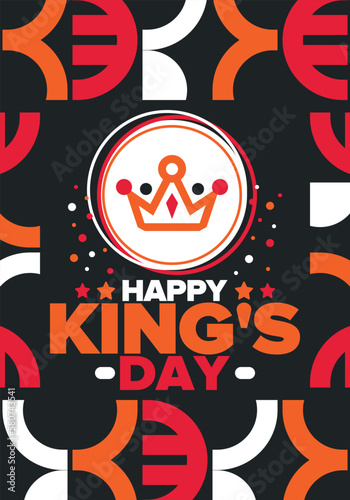 King’s Day in Netherlands. Koningsdag in Dutch. Nation’s cultural heritage and the celebrate birthday of His Majesty King. Dutch royal family. Netherlands flag. Orange colour or orange madness. Vector
