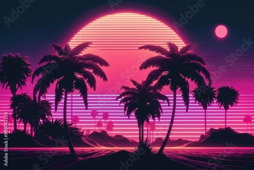 Pink and purple landscape with sun, palm trees and mountains, created using generative ai technology