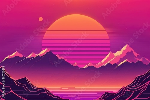 Vaporwave landscape with mountains and sun  created using generative ai technology