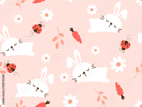 Seamless pattern with sleeping bunny rabbit, branch, ladybird cartoons and daisy flower on pink background vector illustration. Cute childish print.