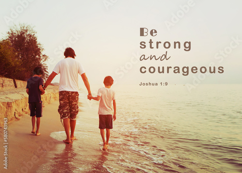 Close up of a man holding two son hands while walking on the beach  with word  from bible verses 