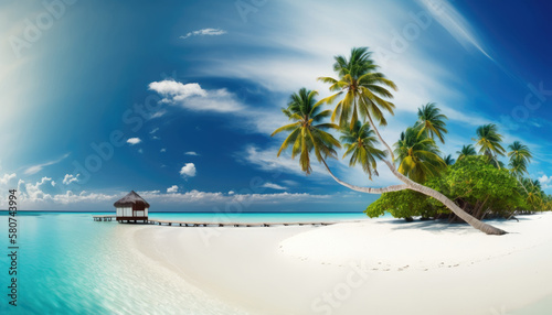Bungalow on an amazing tropical island with coconut palm trees  white sand beach and chrystal clear ocean. Generative AI