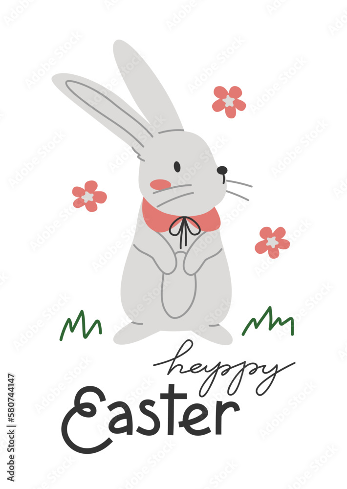Hand drawn cute cartoon illustration of standing small rabbit. Flat vector spring animal, Easter greeting card design sticker in colored doodle style. Bunny, hare character postcard template. Isolated Hand drawn cute cartoon illustration of standing small rabbit. Flat vector spring animal, Easter greeting card design sticker in colored doodle style. Bunny, hare character postcard template. Isolated