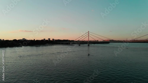 Novi Sad city on Danube river from air. Aerial footage from drone bridge of Liberty in Novi Sad