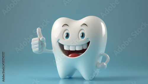 3D White Tooth Cartoon Characters with Thumbs Up - Cleaning and Whitening Teeth Concept on Bright Background