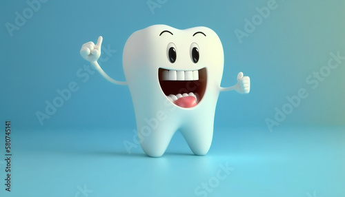 3D White Tooth Cartoon Characters with Thumbs Up - Cleaning and Whitening Teeth Concept on Bright Background