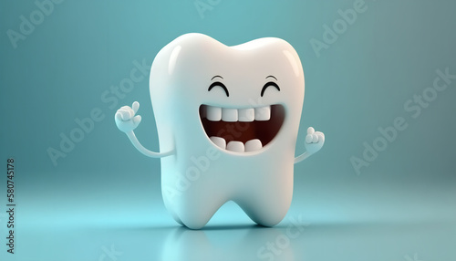 3D White Tooth Cartoon Characters with Thumbs Up - Cleaning and Whitening Teeth Concept on Bright Background