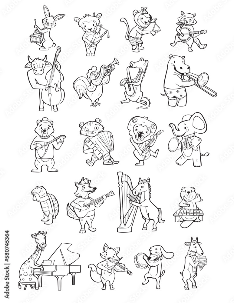 Animals playing on instruments, vector illustration
