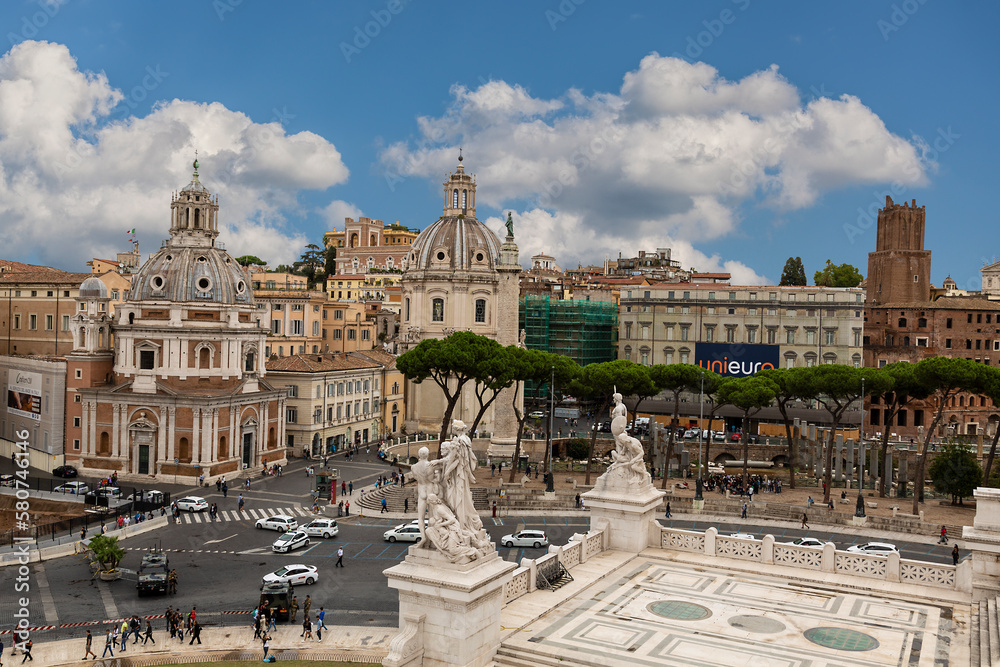 View of Piazza Venezia from the Church of Santa Maria di Loreto, Forum of Trajan and Trajan's Column from the observation deck of Palazzo Vittoriano, Rome, Italy