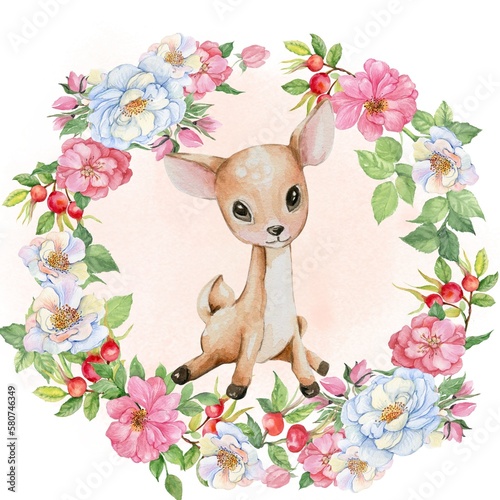 Watercolor hand drawn cute small baby animal with flower frame. Hand drawn watercolor illustration isolated on white . 
 Designf for baby shower party, birthday, cake, holiday celebration design . photo