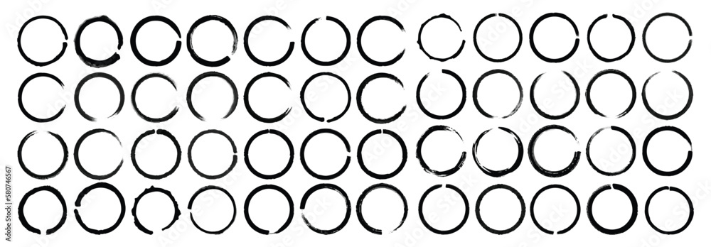 Collection of 48 grunge circle brush. Round doodle loops, circular sketch highlights. Vector.