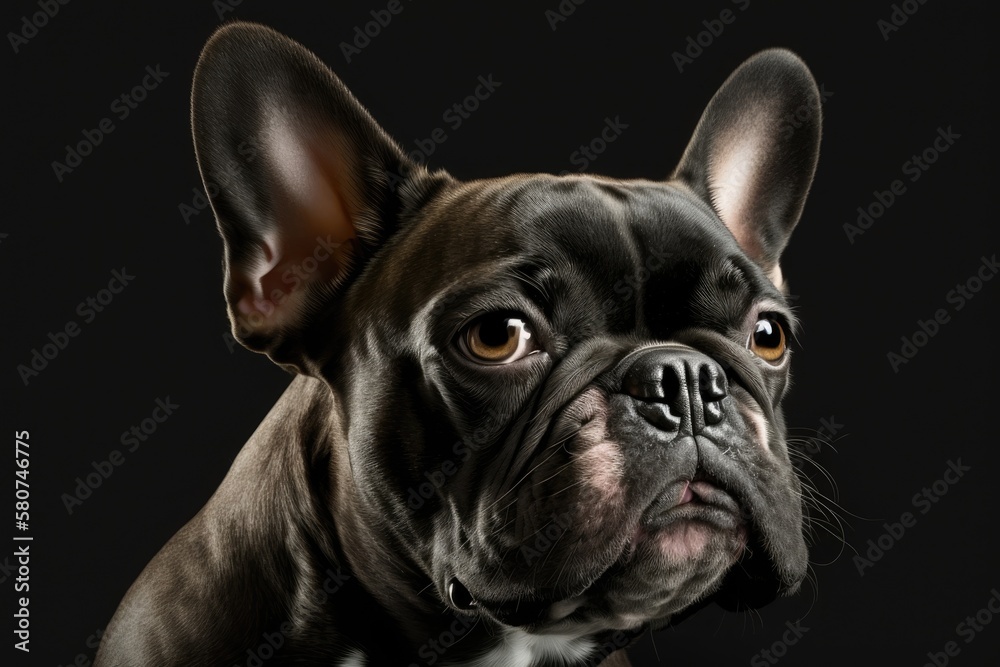 Studio picture of a black French bulldog with a white chest on a black background. Funny dog. Generative AI