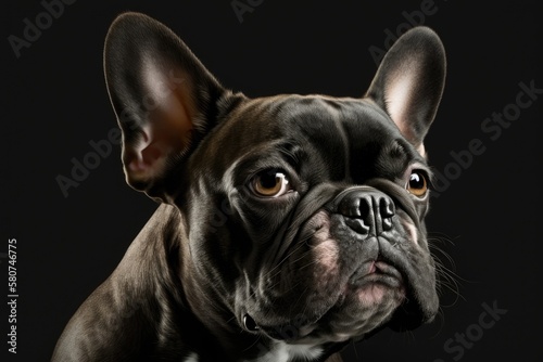 Studio picture of a black French bulldog with a white chest on a black background. Funny dog. Generative AI © AkuAku