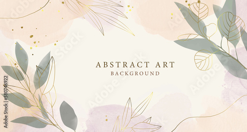 Abstract art background vector. Luxury minimal style wallpaper with golden line art flower and botanical leaves, Organic shapes, Watercolor. Vector background for banner, poster, Web and packaging.