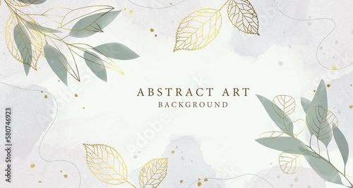 Fototapeta Naklejka Na Ścianę i Meble -  Abstract art background vector. Luxury minimal style wallpaper with golden line art flower and botanical leaves, Organic shapes, Watercolor. Vector background for banner, poster, Web and packaging.