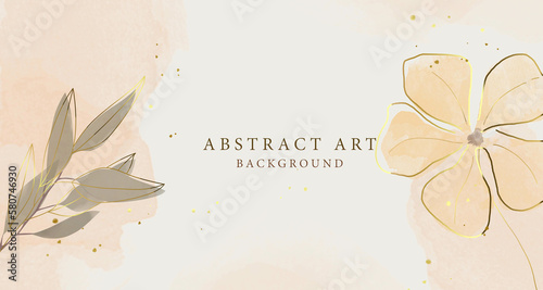 Abstract art background vector. Luxury minimal style wallpaper with golden line art flower and botanical leaves, Organic shapes, Watercolor. Vector background for banner, poster, Web and packaging.