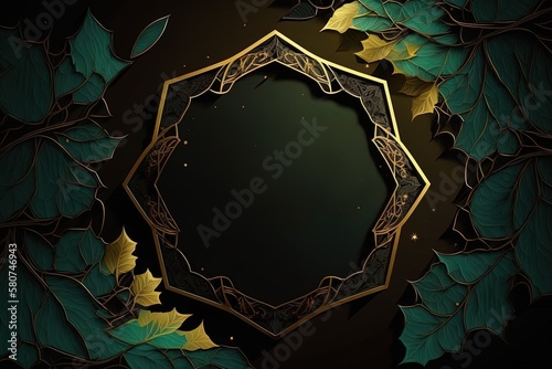 Ramadan Kareem template with golden circle frame with empty space with green emerald and black marble with orange background. for eid mubarak design. photo