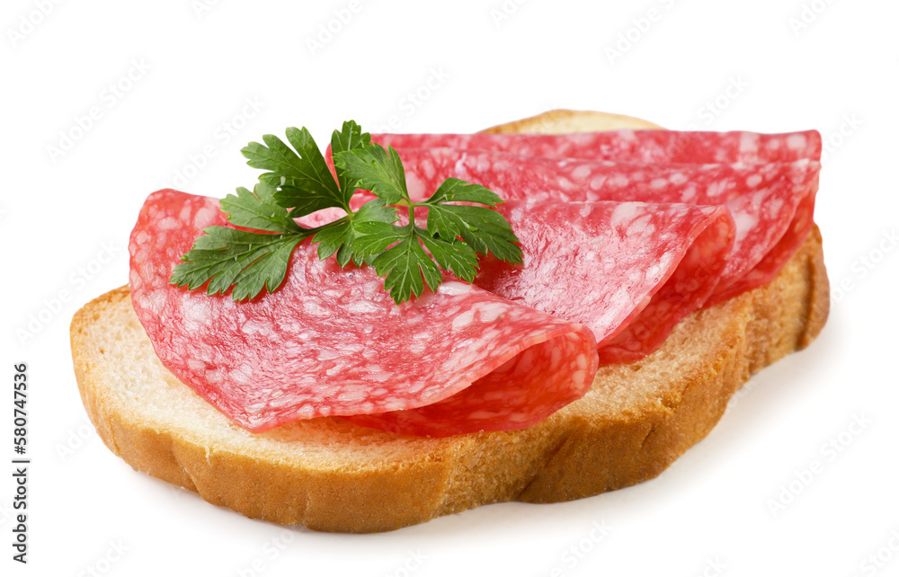 Sandwich with sliced sausage on a white background. Isolated