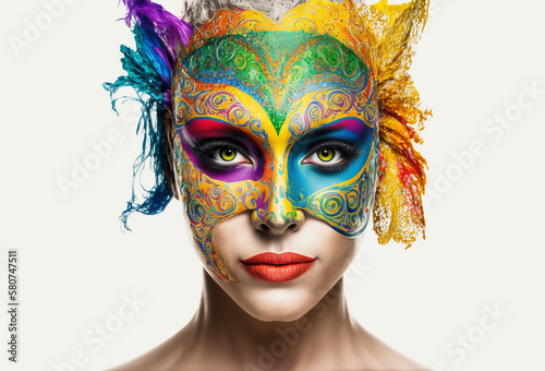 Pretty causasian woman wearing a colorful carnival mask isolated on white background, generative ai