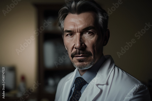 Portrait of senior adult doctor in white medical coat in office hospital, AI generated