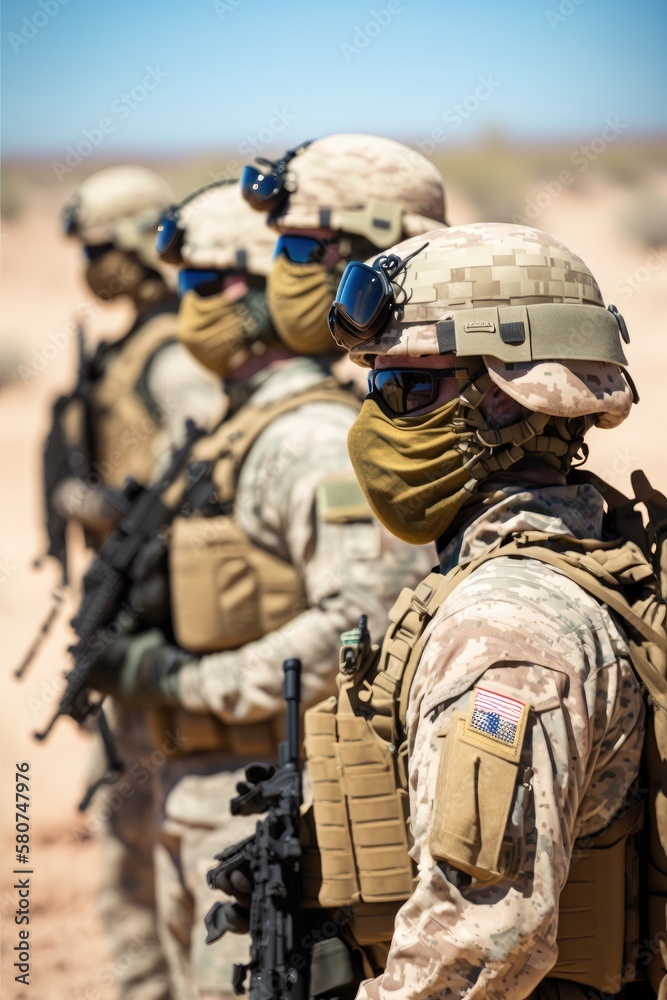 Obraz premium Soldiers squad with fully equipped and armed in a military operation in the scorching desert, generative AI